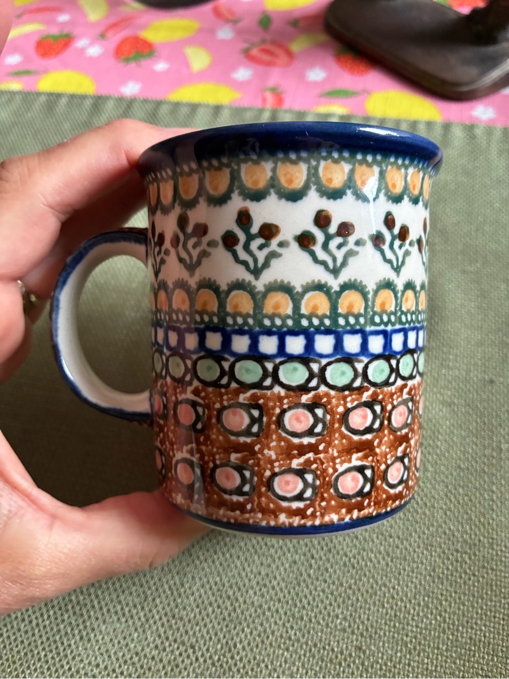 Hand-Painted Floral Pattern Ceramic Mug - Blue Rim - Picture 3 of 5